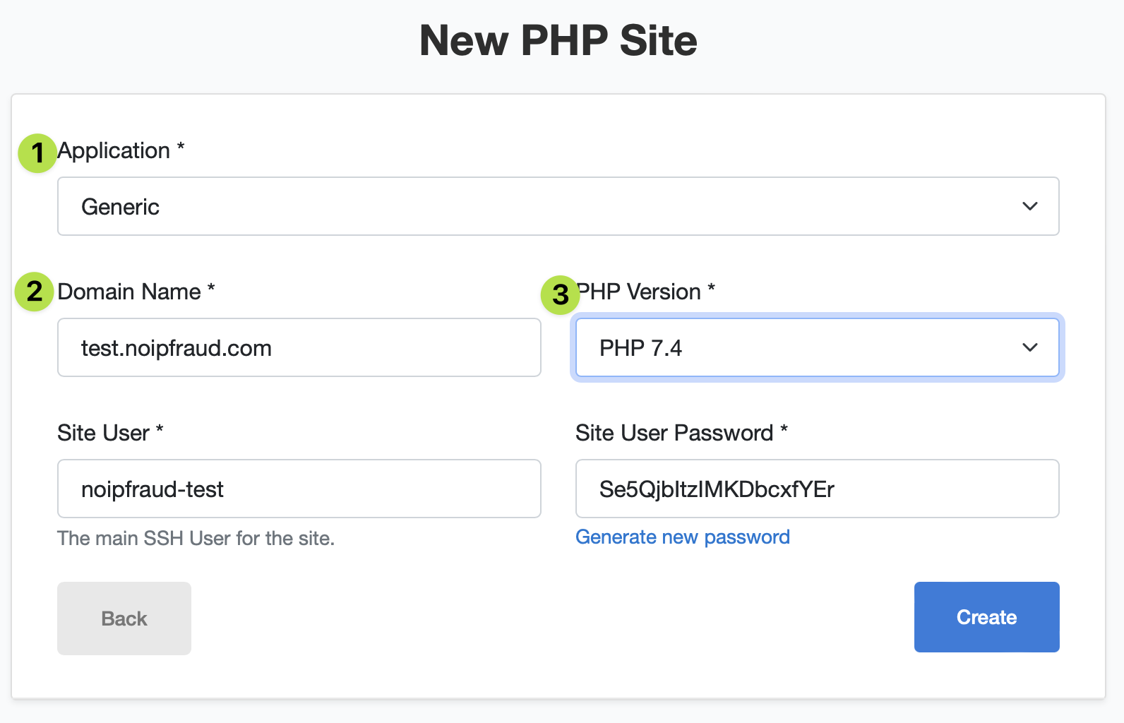Configure the site: Generic application, php 7.4 and enter the domain name.